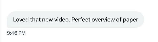 A message praising a new video related to a paper.
