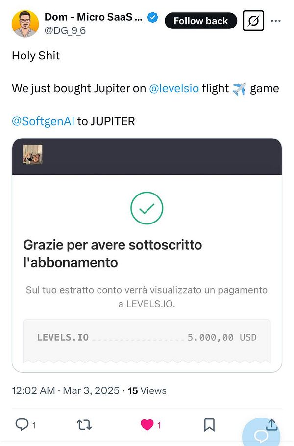 A tweet announcing the purchase of a subscription for a flight game called Jupiter for $5,000 per month.