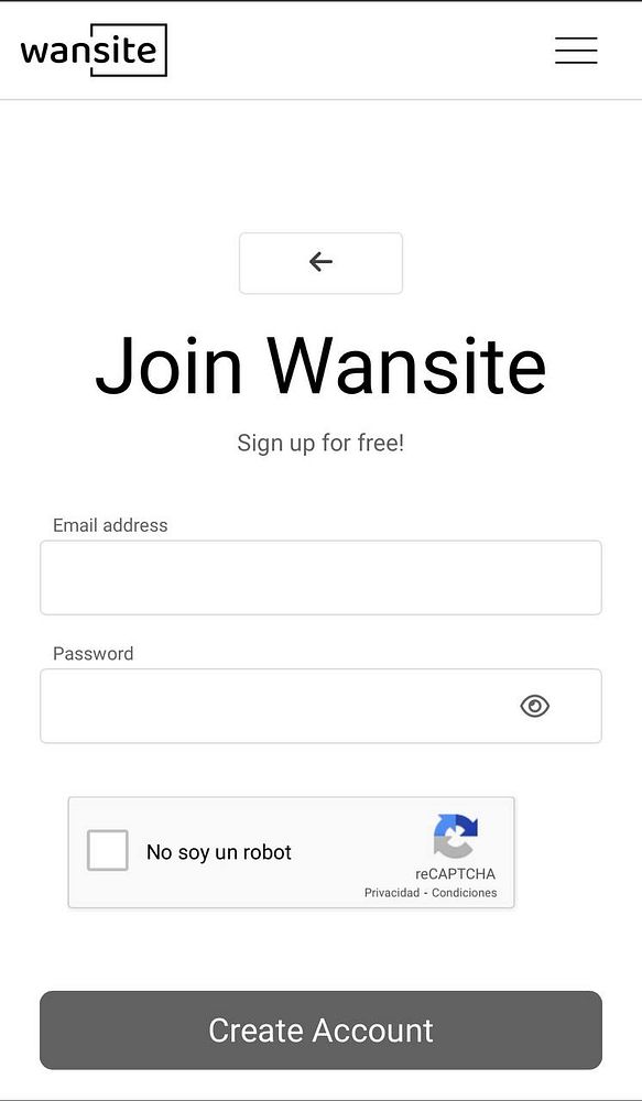 The image displays a signup page for Wansite with fields for email and password, along with a reCAPTCHA verification.