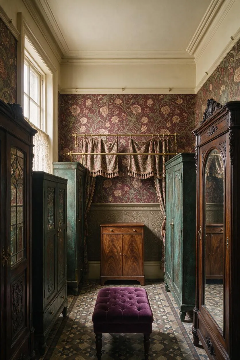 A narrow Victorian-style closet with floral wallpaper, tall carved wardrobes on both sides, and a small wood cabinet at the back wall. A burgundy tufted bench sits on patterned tile flooring, while a window with lace curtain and brass hanging rods add a formal, antique feel.