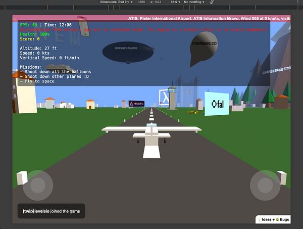 A virtual flight simulation interface displaying an aircraft on a runway with various game elements and missions.