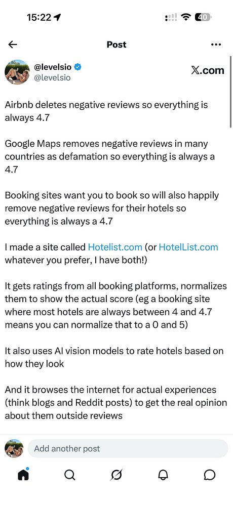Screenshot of a Levels.io tweet showing a beach photo with text about booking a hotel and staying two weeks, displayed on a mobile Twitter interface.