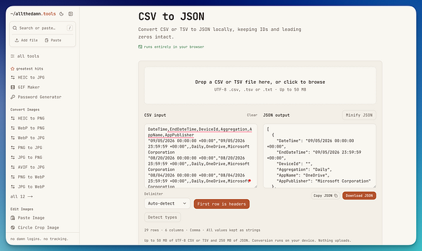 A web tool interface for converting CSV or TSV files to JSON format with options to upload files, set delimiters, and view both CSV input and JSON output side by side.