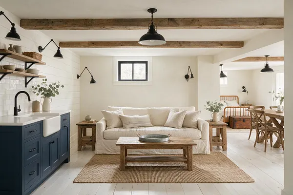 A bright farmhouse-style basement with white painted floors, exposed wood ceiling beams, and black industrial pendant lights. The space includes a navy blue sink cabinet with a farmhouse sink, open wood shelves, a cream slipcovered sofa, rustic wood tables, and a woven area rug, with a dining nook visible in the background.