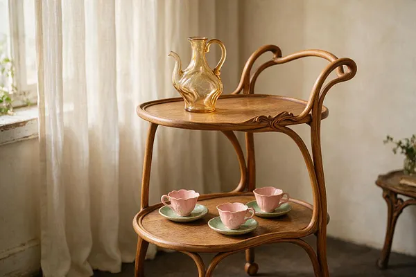 A small two-tier wooden serving stand with flowing Art Nouveau curves stands beside sheer curtains in warm natural light. A glass pitcher sits on the top shelf, and three pink teacups rest on saucers below, highlighting the elegant carved wood details and soft romantic palette.