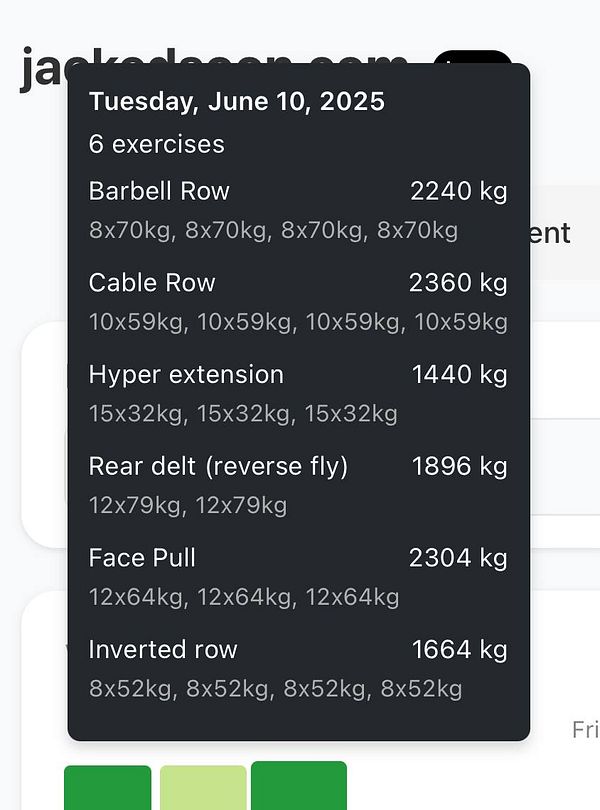 The image displays a workout log for back exercises dated June 10, 2025.