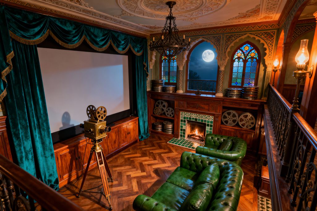 Victorian-style media room featuring a large projection screen framed by teal velvet curtains with gold fringe. A brass antique film projector on a wooden tripod sits before mahogany cabinetry and herringbone parquet flooring. Two emerald tufted leather Chesterfield sofas face a wood fireplace surrounded by glossy green tiles. Arched stained-glass windows, an ornate plaster ceiling, wrought-iron details, and a chandelier glow with firelight and moonlight, creating a moody, historic cinema atmosphere.