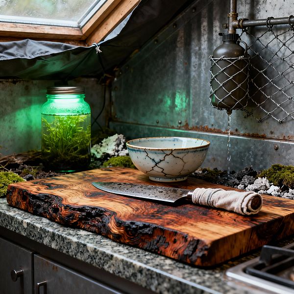 A post-apocalyptic kitchen vignette shows a speckled granite countertop topped with a thick, charred live‑edge wood cutting board, a cloth‑wrapped chef’s knife, and a crackle‑glazed ceramic bowl. Behind, corrugated galvanized metal and wire mesh frame an improvised faucet made from a metal canteen dripping into the bowl, while moss, rocks, and a green‑lit mason jar terrarium line the back ledge beneath an angled skylight with a wood frame and tarp edging.