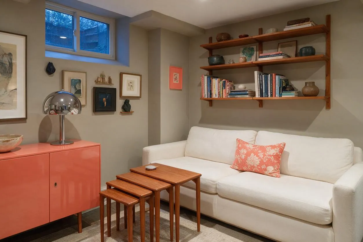 A cozy eclectic basement seating area with a white sofa, coral accent pillow, stacked wooden nesting tables, and a glossy coral cabinet topped by a chrome lamp. Floating wood shelves hold books and pottery above the sofa, while a small basement window and a gallery of framed art add warmth and personality.