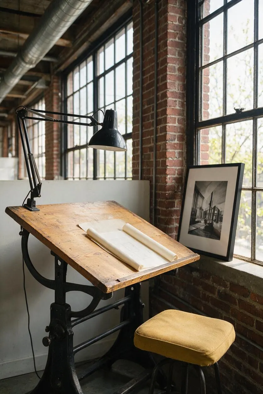 An industrial-style drafting nook with a worn wooden drawing table, black metal adjustable lamp, and a mustard upholstered stool beside tall factory-style windows. Exposed brick walls, black window frames, and a framed monochrome print reinforce the raw, utilitarian atmosphere.