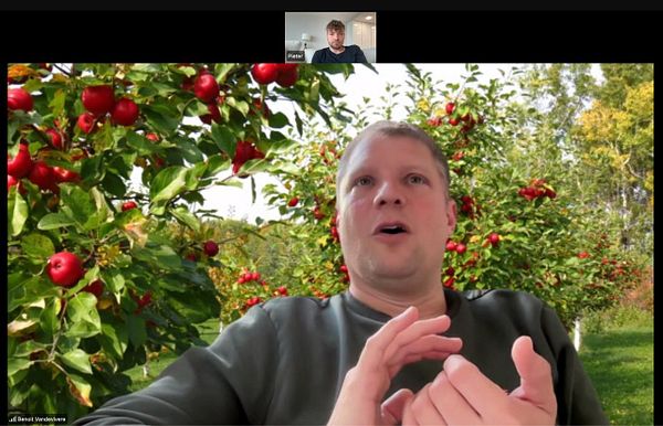 A man is engaged in a video call against a backdrop of apple trees laden with red apples.