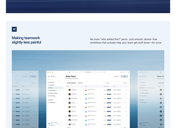 The image features a user interface showcasing a collaborative workspace for a sales team.