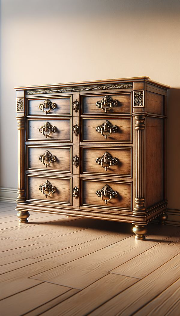 A traditional wooden dresser with intricately designed brass bails installed on each drawer, showcasing their elegance and functionality against a softly lit beige wall.
