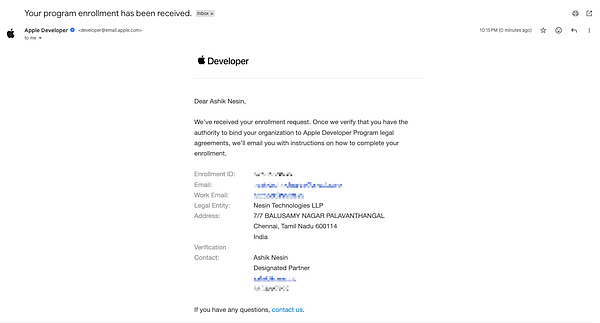 A webpage showing the sign-in page for Apple Developer Account enrollment with an embedded PDF document.