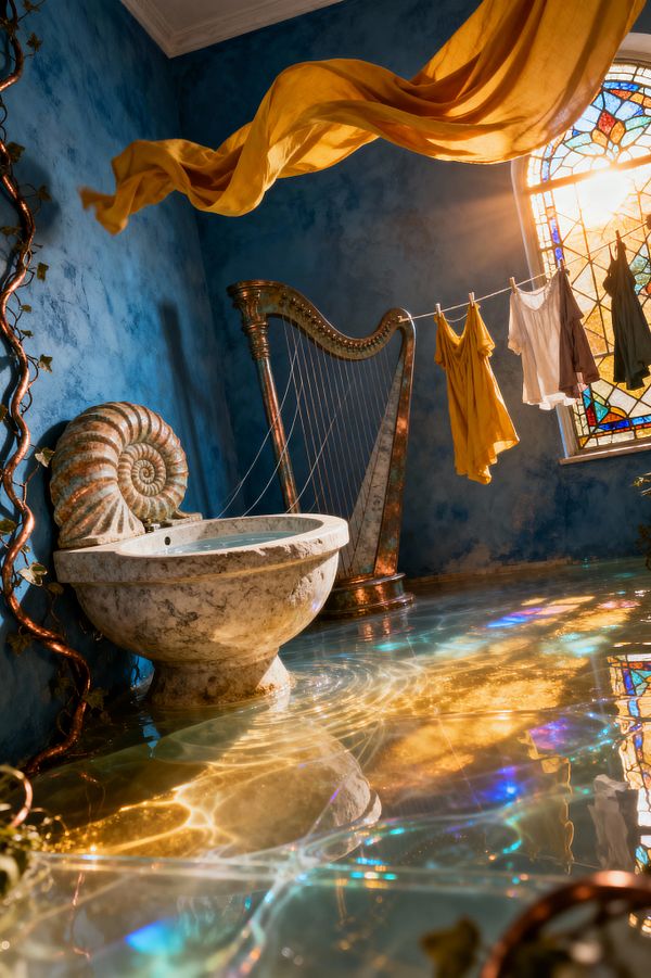 A surreal laundry room features a marble basin carved like a nautilus shell beside a patinated copper harp used as a clothesline holding yellow, white, and brown garments. Sunlight streams through a stained-glass window, scattering amber and rainbow reflections across a shallow water-covered floor, while a saffron fabric ribbon floats overhead against deep blue textured walls and a curling copper vine.