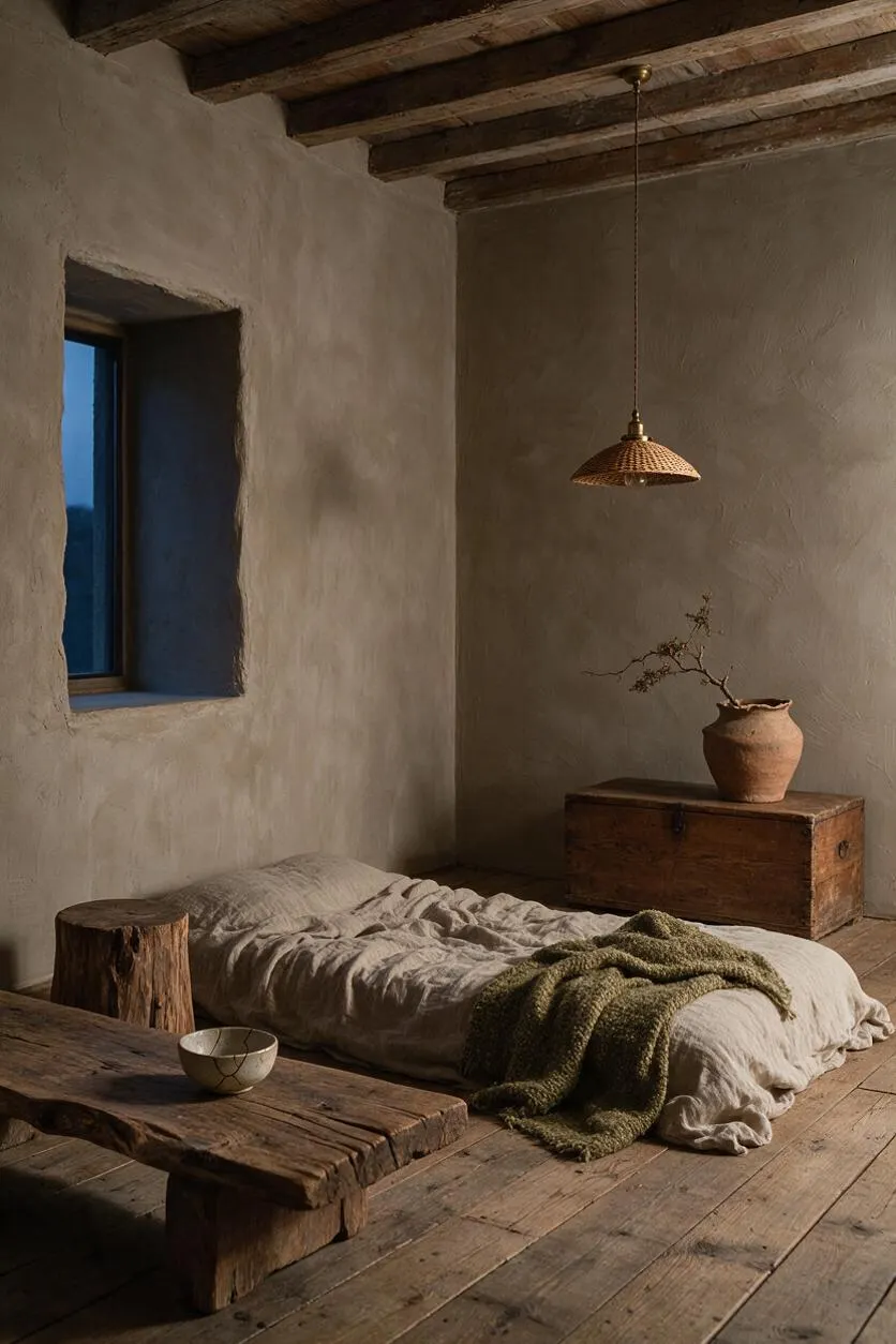 A serene studio apartment with plaster walls, exposed wooden ceiling beams, and wide plank wood flooring. The room includes a low floor bed with rumpled linen bedding, a rustic wooden bench and stool, a woven pendant light, and a weathered chest topped with a clay vase and sparse branch arrangement.