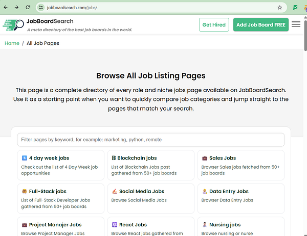 A screenshot displaying a job category page layout showing various job roles with icons and descriptions.