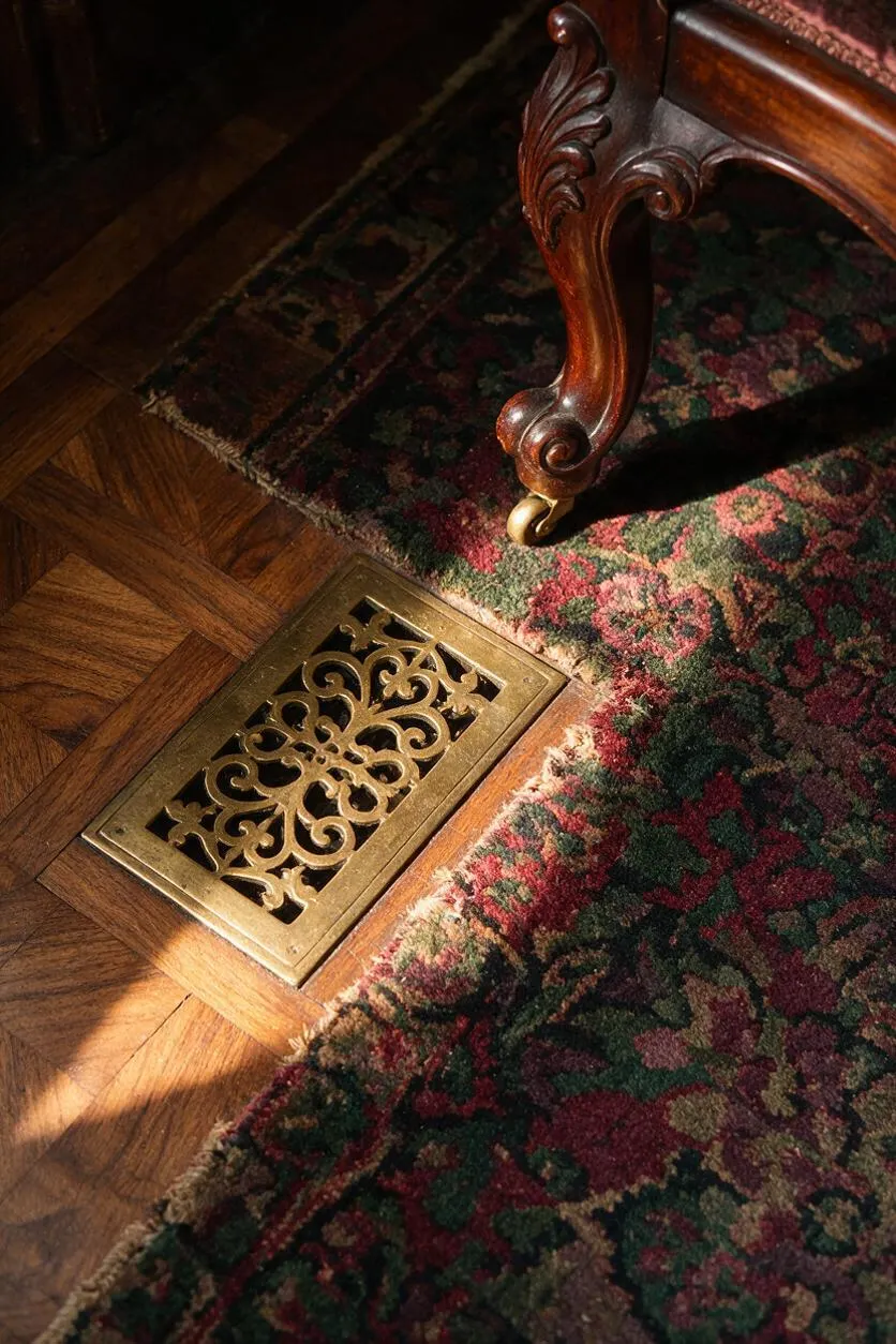 A close-up of a Victorian-style interior floor showing rich herringbone wood parquet, a decorative brass floor vent with scrollwork, and the carved leg of a polished wooden chair or sofa. A dark floral rug in deep green, burgundy, and muted gold adds texture and warmth.