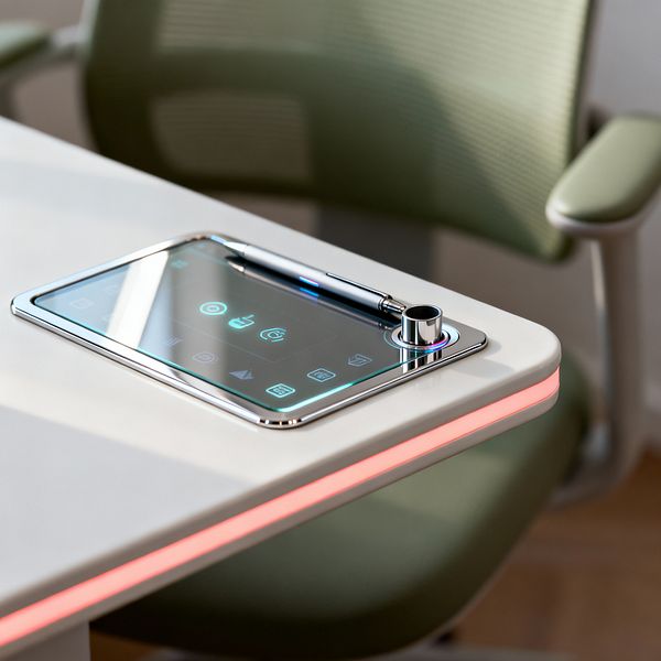 Close-up of a futuristic home office shows a matte white desk with a rounded corner and an integrated glass control tablet trimmed in chrome, accompanied by a polished metal dial and a slim stylus. A soft pink LED strip glows along the desk edge, and a sage-green mesh ergonomic chair sits behind; pale wood flooring and natural daylight contribute to the clean, high-tech atmosphere.