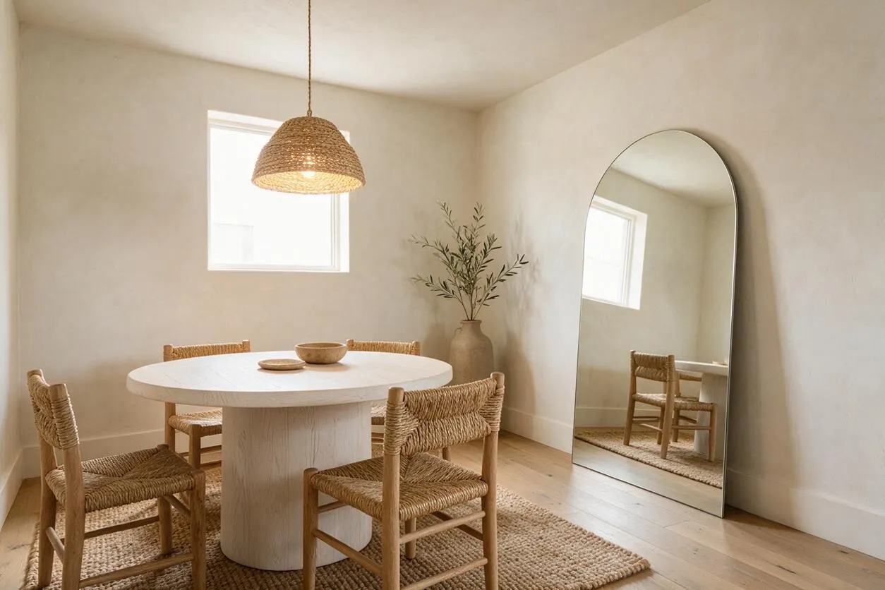 A serene dining room with a round white pedestal table surrounded by woven natural wood chairs, set on a textured jute rug. A woven pendant light hangs overhead, and a tall arched mirror leans against the wall beside a large ceramic vase with greenery.