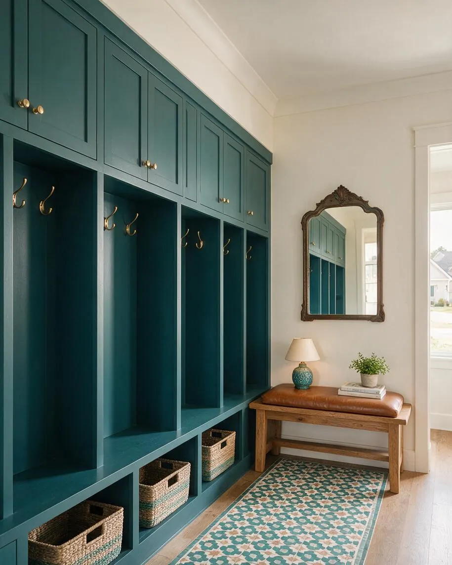 A mudroom with tall teal built-in cubbies and upper cabinets lined with brass hooks and knobs. A rustic wood bench with a brown leather cushion sits beside an ornate vintage mirror, a small lamp, and a potted plant, with woven storage baskets below and a patterned tile-style runner on the floor.