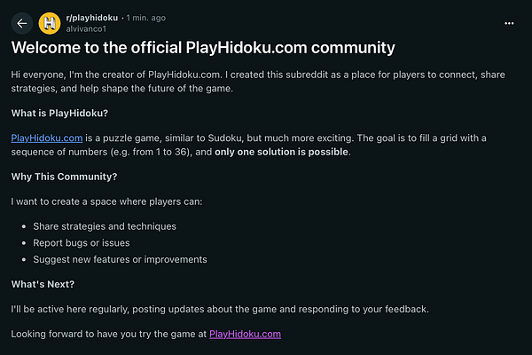 A Reddit post introducing the PlayHidoku.com community.