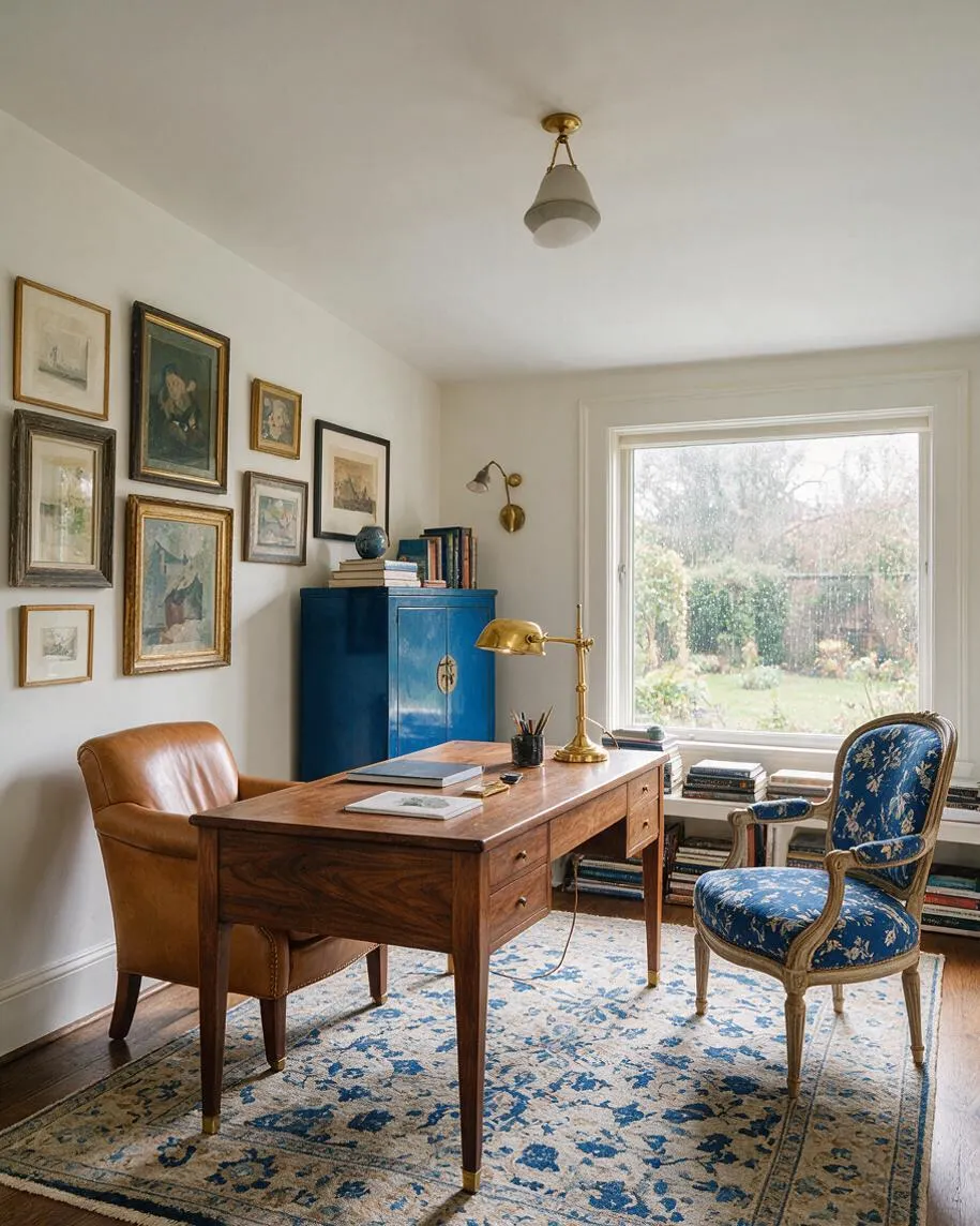A bright eclectic home office with a wooden desk centered on a pale blue floral rug, a tan leather chair on one side and a blue upholstered vintage chair on the other. Framed artwork fills the left wall, while a vivid blue cabinet, brass task lamp, and large window with garden views add color and charm.