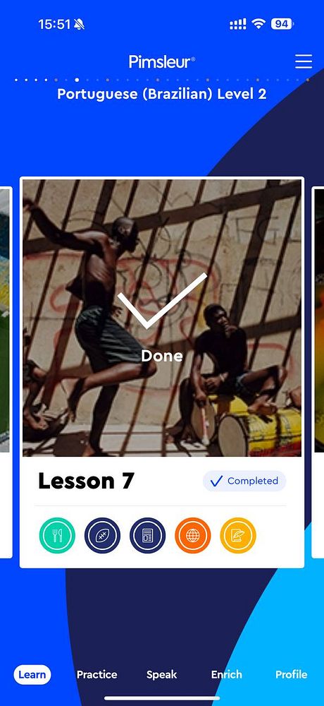The image displays a completed lesson from the Pimsleur Portuguese language learning app.