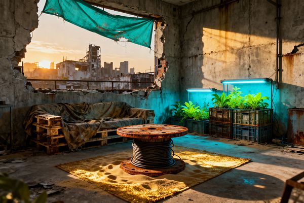 A ruined concrete room is styled as a living area with a pallet-wood sofa draped in weathered canvas, a rusted steel cable spool used as a coffee table, and a gold rug scattered with sand. Neon-blue grow lights illuminate plastic-crate planters of leafy greens, while sunset pours through a jagged, tarp-framed opening overlooking a destroyed city skyline, casting warm light across cracked walls, exposed pipes, and industrial debris.