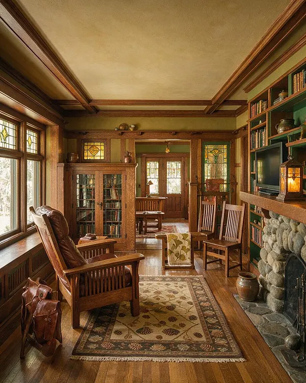 A cozy Craftsman-style media room with rich wood trim, stained glass windows, and built-in shelving around a television. The room includes leather and wood armchairs, a stone fireplace, patterned rugs, and warm amber lighting that creates an inviting, traditional atmosphere.