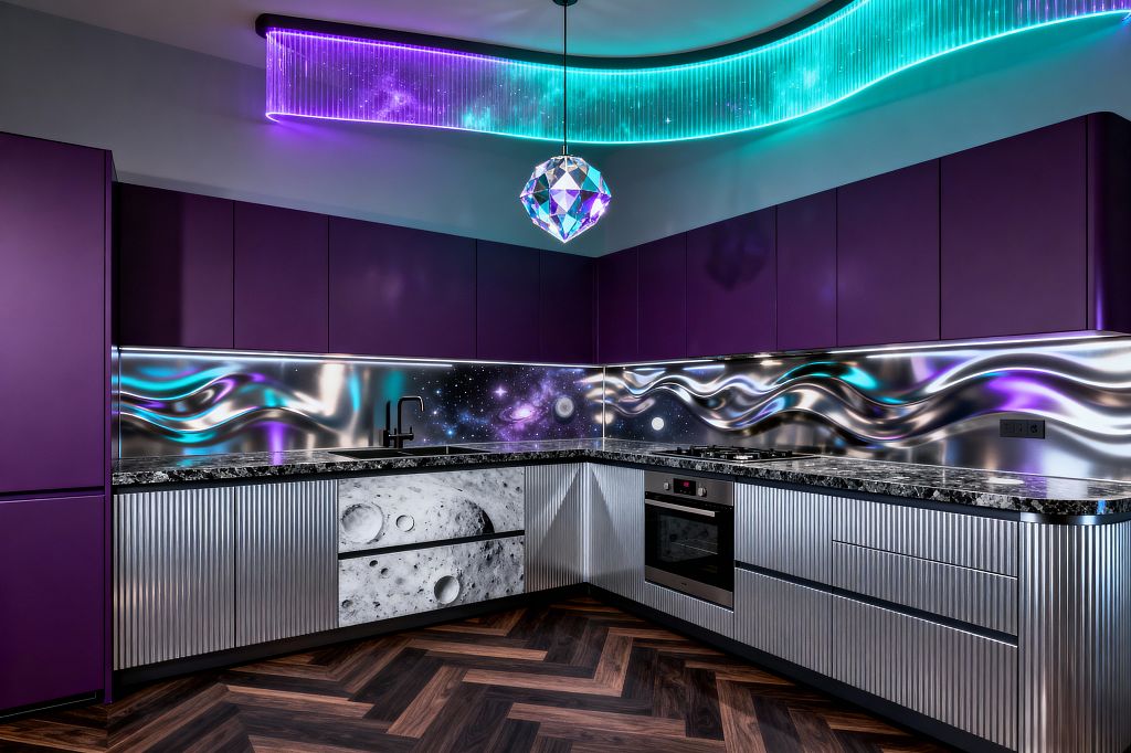 An L-shaped kitchen features matte deep-purple upper cabinets and ribbed aluminum lower units topped with black-and-white granite counters. A glossy, iridescent stainless backsplash with wave textures wraps the walls, meeting a printed galaxy mural at the corner. A black faucet, built-in oven, and gas cooktop sit below. Overhead, a faceted prism pendant and teal‑purple LED light band cast a neon glow onto a dark herringbone wood floor.