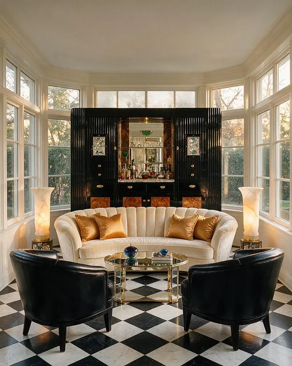 A bright sunroom with tall wraparound windows, a black lacquered bar cabinet, a cream curved sofa, and two black leather chairs arranged around a glass-and-brass coffee table. The room features black-and-white checkered flooring, gold accent pillows, and glowing marble lamps, creating a glamorous Art Deco atmosphere.