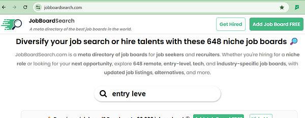 The image displays a webpage for JobBoardSearch, a directory of job boards.
