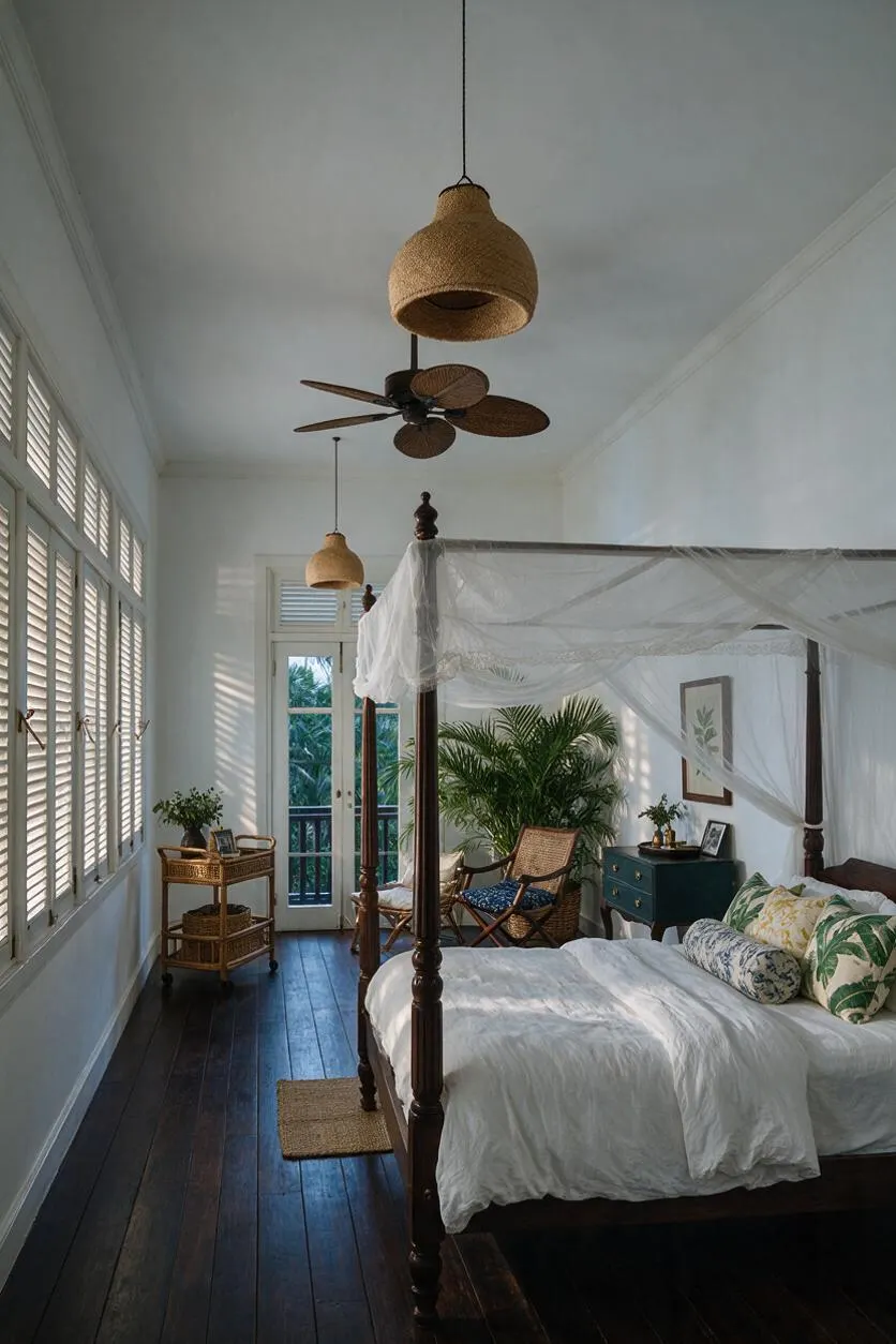 A bright tropical-style master bedroom with dark wood floors, white walls, and a tall four-poster bed draped in sheer mosquito netting. Woven pendant lights, a ceiling fan, rattan seating, lush potted palms, and shuttered windows create a relaxed, airy resort feel.
