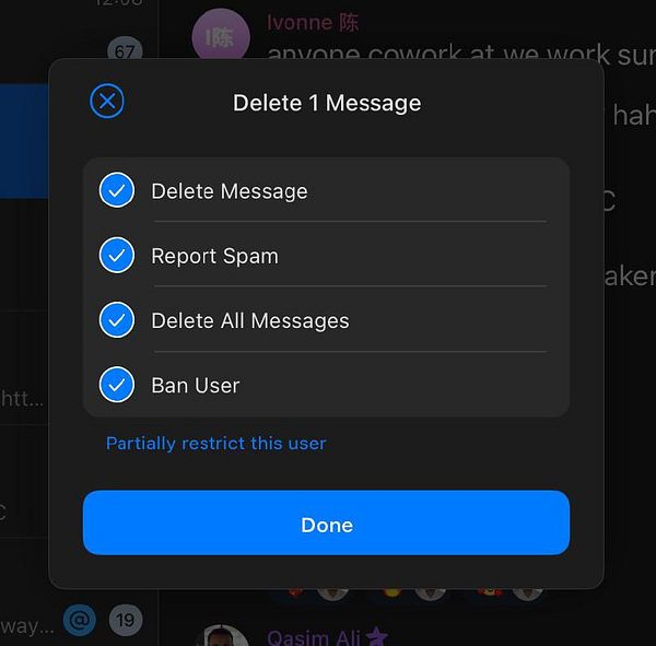 A user interface displaying options to manage a message in a chat application.