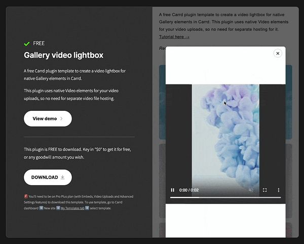 Screenshot of a website homepage showcasing the Gallery Video Lightbox plugin with a video thumbnail and navigation bar.