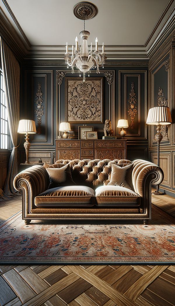 An elegant, traditional living room with a large sofa featuring pronounced rolled arms, upholstered in rich velvet fabric, set against a backdrop of sophisticated decor.