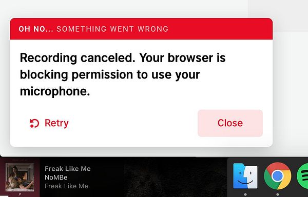 The image shows an error message about microphone permission blocking in a browser.