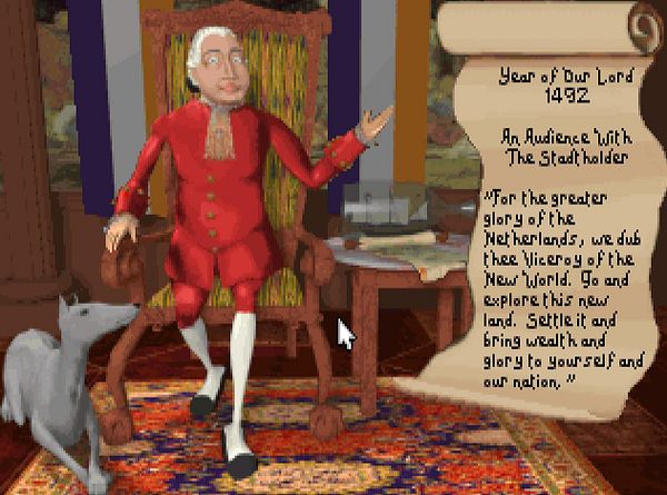 A digital scene from the game Sid Meier's Colonization featuring a historical figure addressing an audience.
