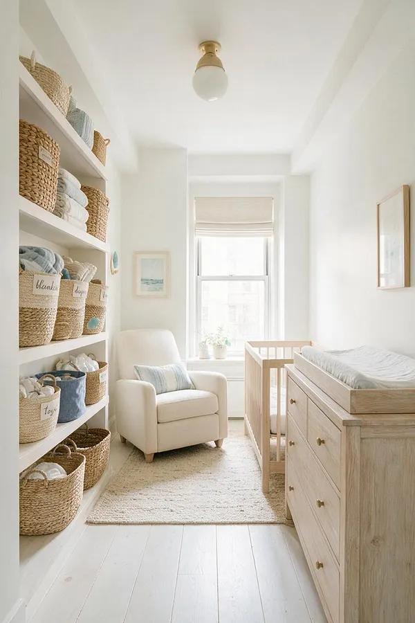 A bright coastal nursery with white walls, a natural wood crib and dresser, and built-in shelves filled with woven baskets and folded blankets. A cream armchair sits beside a window, creating a calm, airy space in soft neutral and pale blue tones.