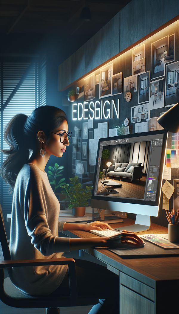 An interior designer working on a computer, surrounded by digital renderings and ideas for a modern living room design.