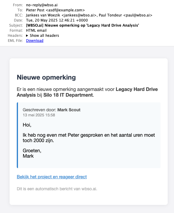 An email notification about a new comment on a project related to 'Legacy Hard Drive Analysis'.