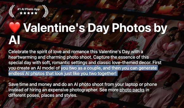 A promotional image for an AI photo app offering Valentine's Day couple photos.