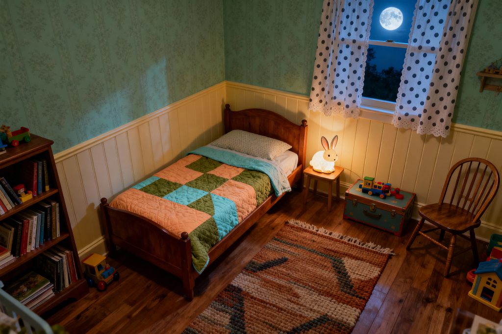 A cozy children’s bedroom features a carved wooden single bed against cream beadboard and mint floral wallpaper, dressed in a peach, teal, and olive patchwork quilt. A small stool holds a glowing bunny night-light beside a window with white polka-dot, lace-trimmed curtains framing a moonlit view. A teal vintage trunk topped with wooden toys sits near a spindle chair, while a woven rug warms the honey-toned wood floor and a stocked bookcase anchors the corner.