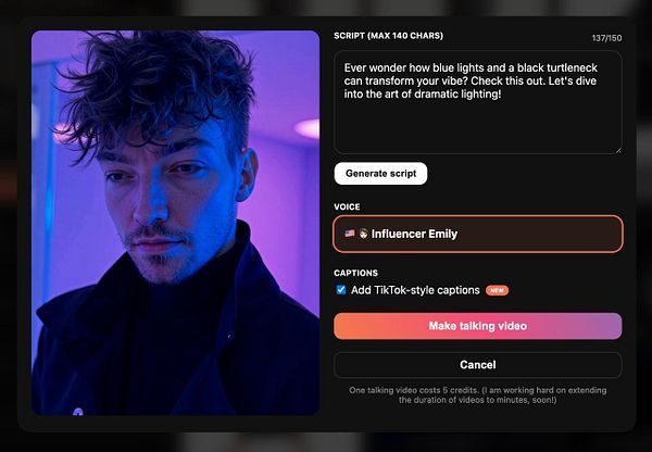 A young man with tousled hair poses under dramatic blue lighting, accompanied by a user interface for video creation.
