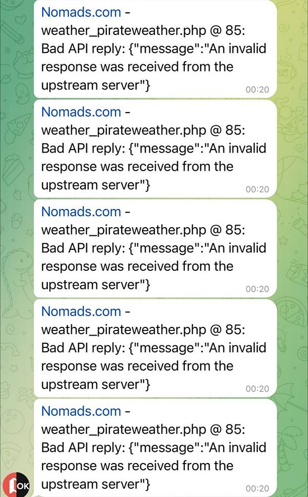 The image displays a series of error messages related to a weather API in a messaging app interface.