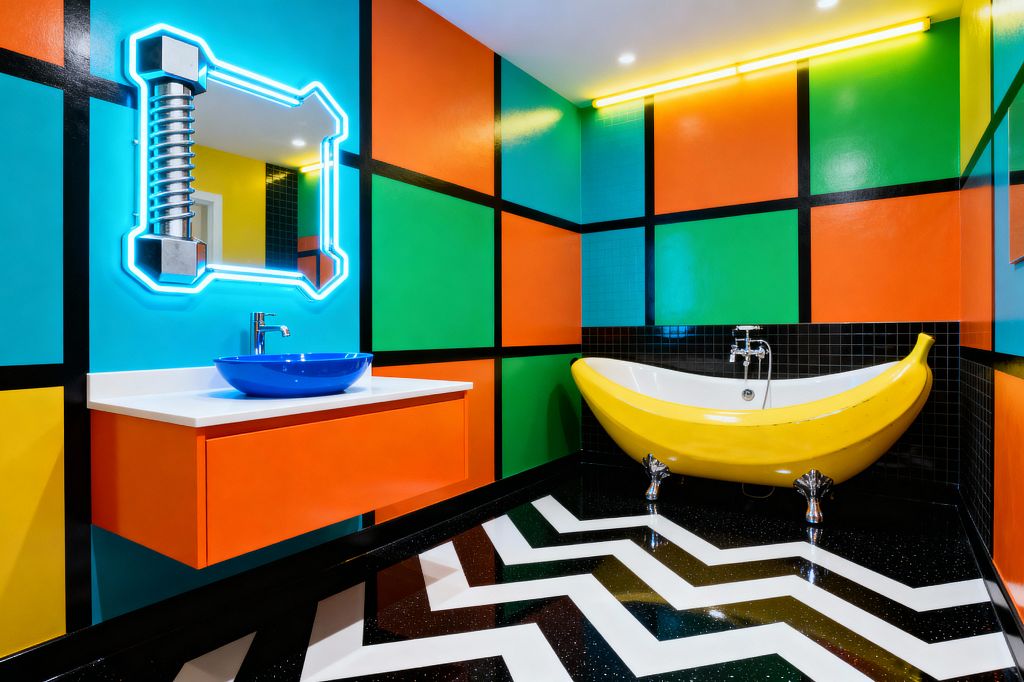 A Pop Art bathroom features a freestanding bathtub shaped like a bright yellow banana with chrome feet set against a band of black mosaic tiles. Walls are divided into glossy color blocks of teal, orange, green, and yellow outlined in black; an orange floating vanity with a white counter holds a cobalt blue vessel sink, beneath a neon-framed mirror, while a yellow tube light and a black-and-white chevron floor amplify the playful, graphic mood.