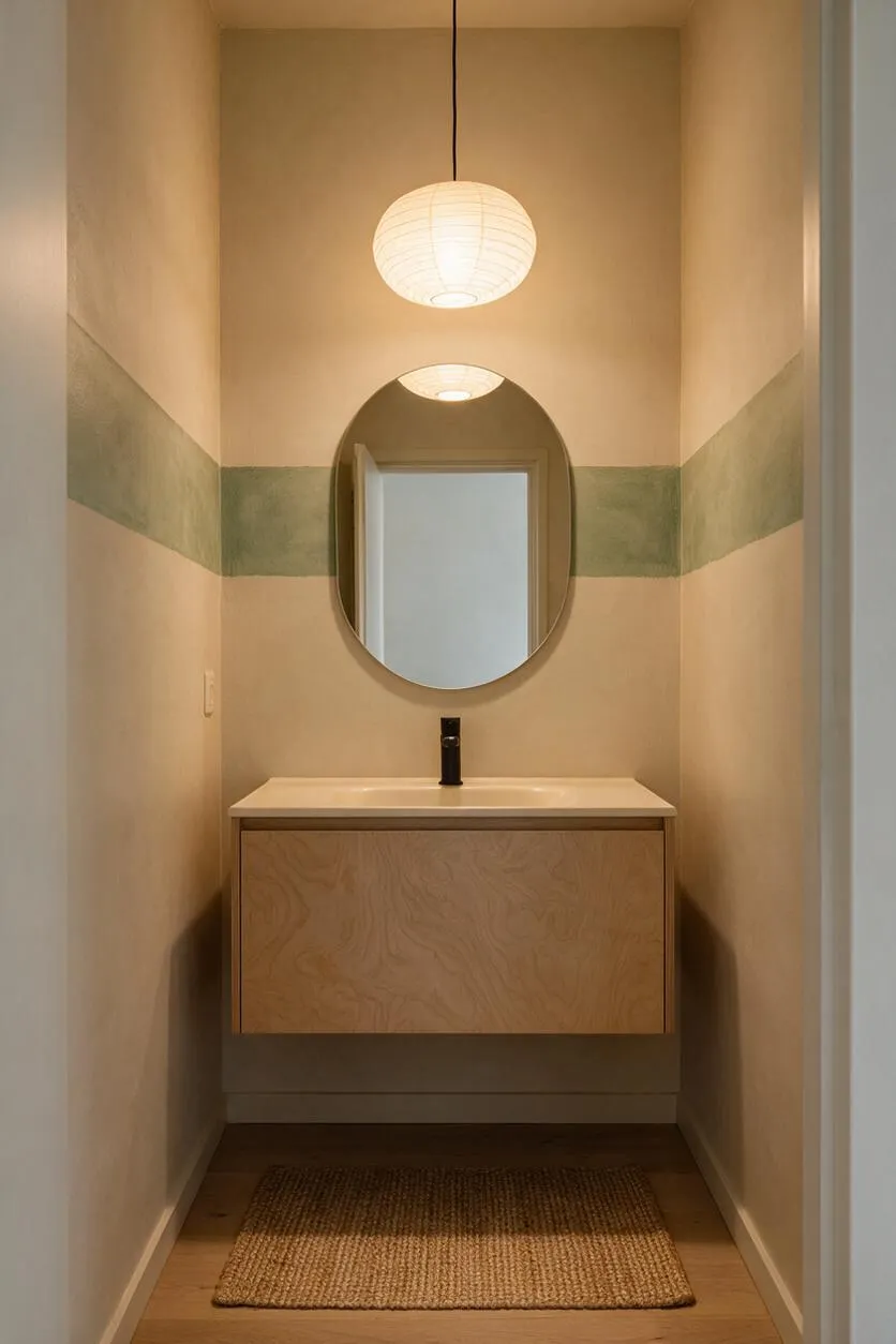 A narrow powder room with a floating light wood vanity, a white sink top, and a black faucet centered beneath an oval mirror. The walls are finished in a warm plaster-like tone with a muted sage-green stripe running horizontally around the room, and a woven pendant light hangs overhead. A natural jute rug rests on the wood floor, adding texture.