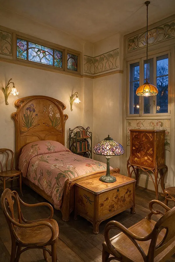 A cozy kids' room in Art Nouveau style with a carved wooden bed, pink floral bedding, stained-glass windows, and floral wall motifs. A stained-glass table lamp, carved nightstand, and curved wooden chairs add warm amber light and decorative organic details.