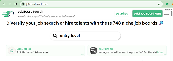 Screenshot of a web page showing job boards categorized by their type and a search filter interface.